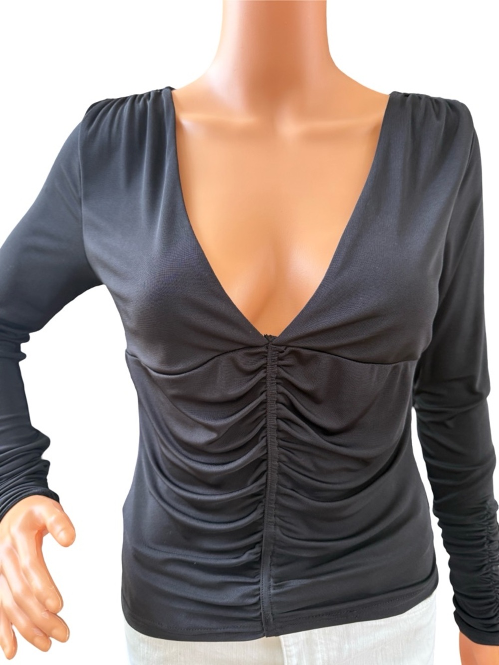 Free People Black Ruched Deep V Long Sleeve Top